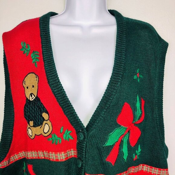 Vintage Bryn Connelly Sweater Vest Womens 2X Green Christmas New Teddy Bears - Picture 2 of 7